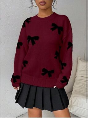 Burgundy Bow Pattern Knit Sweater
